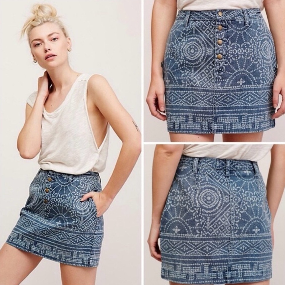 Free People Blue Printed Denim Mini Skirt